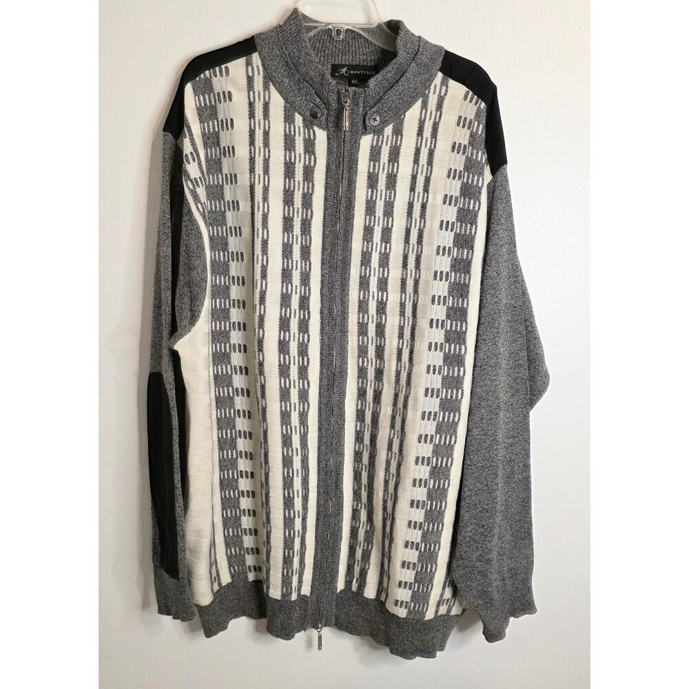 Montique Men's Luxury Sweater Gray Size 4XL Full Zip Long Sleeve Suede Accents